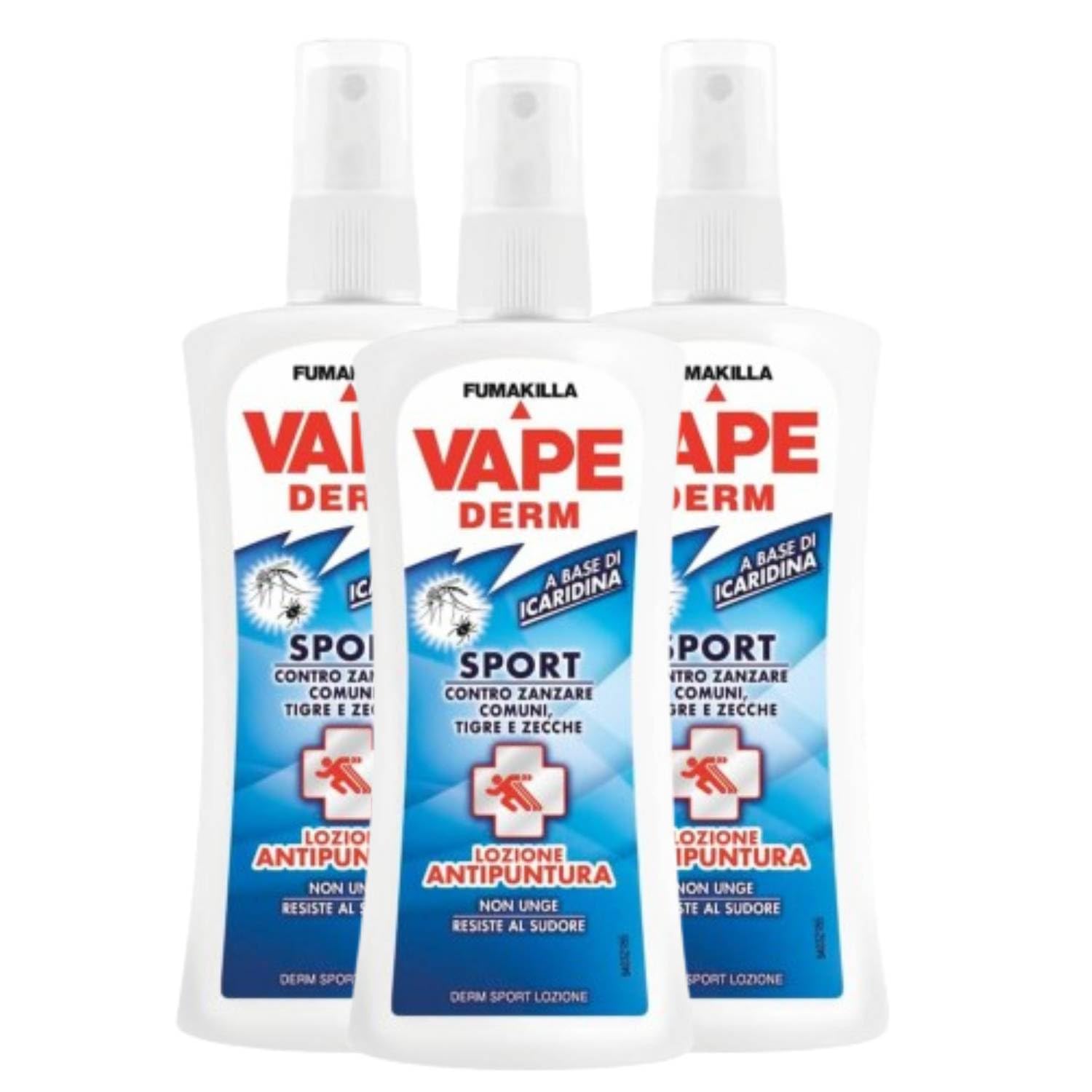 Vape Derm Sport Spray Antizanzare Lozione Antipuntura Contro Zanzare Comuni Zanzare Tigre E Zecche 100 Ml (3 Unità)