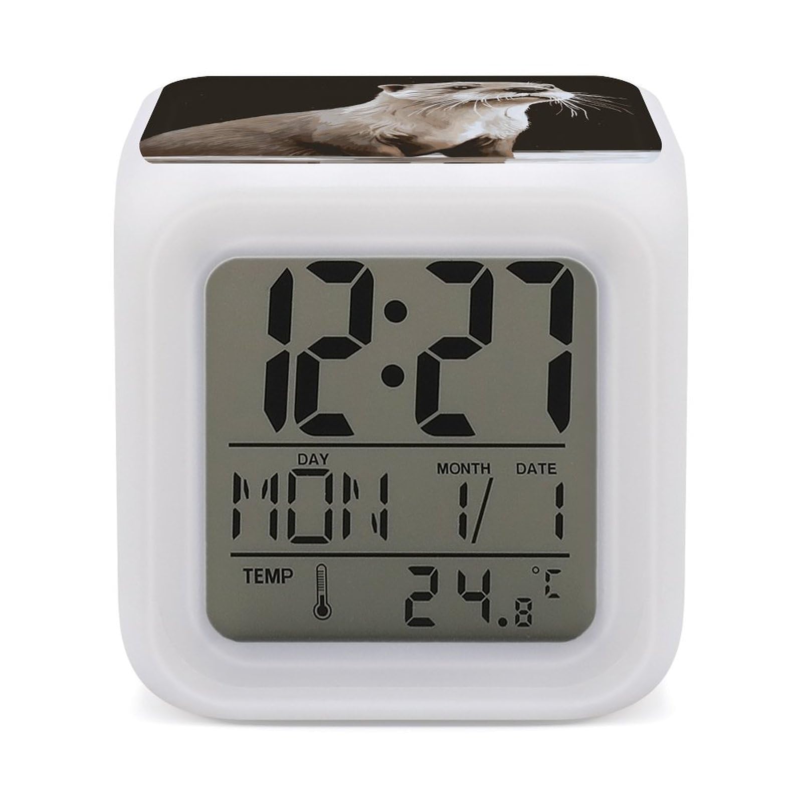FodPand 7 Color Ambient Night Light Cube Battery Operated Otter Digital Clock with Snooze Temperature LED Digital Alarm Clocks Dimmable Wake Up Light Portable Mood Lamp for Bedroom Desk Gift