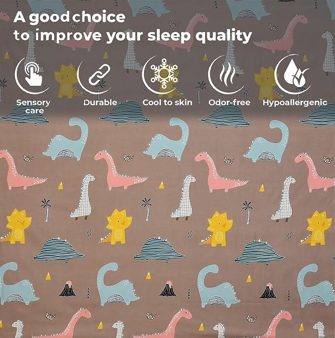 Image of RD FABS Glace Cotton Wrinkle Free Soft Hypoallergenic Elastic Fitted Cartoon Printed Bedsheets for Kids with 2 Pillow(Size,78 x 72 Inches(Fits up to 8 Inch),Rosy /Dinosaur),Double Bed,300 TC