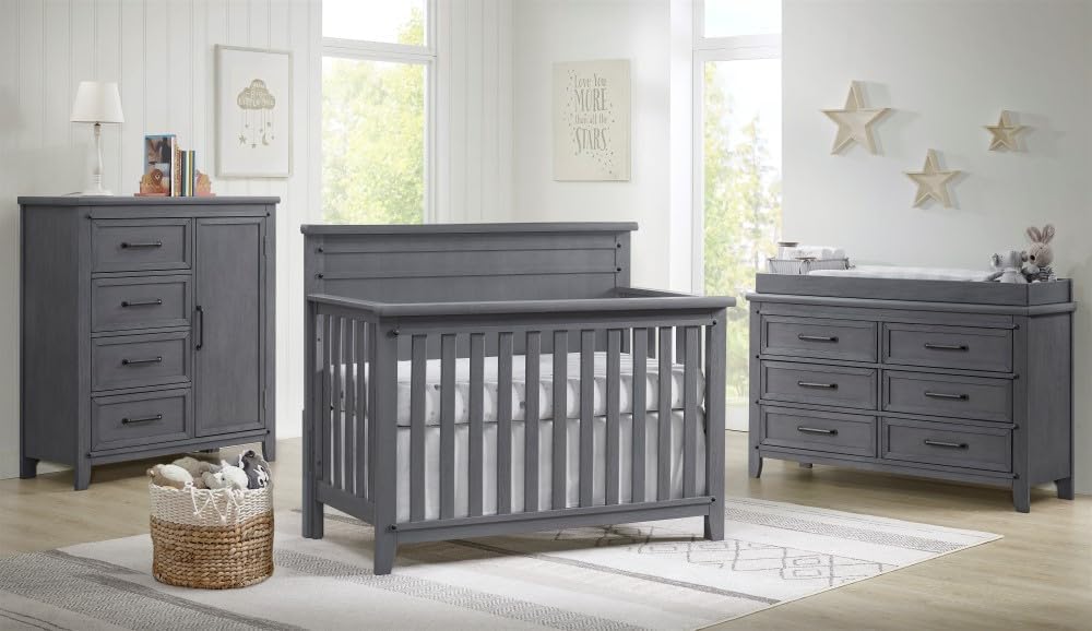 Soho Baby 49011570 Ellison Premium 4-in-1 Convertible Crib, Flat-Top Headboard, Wire Brush Ash Gray Finish, GreenGuard Gold Certified