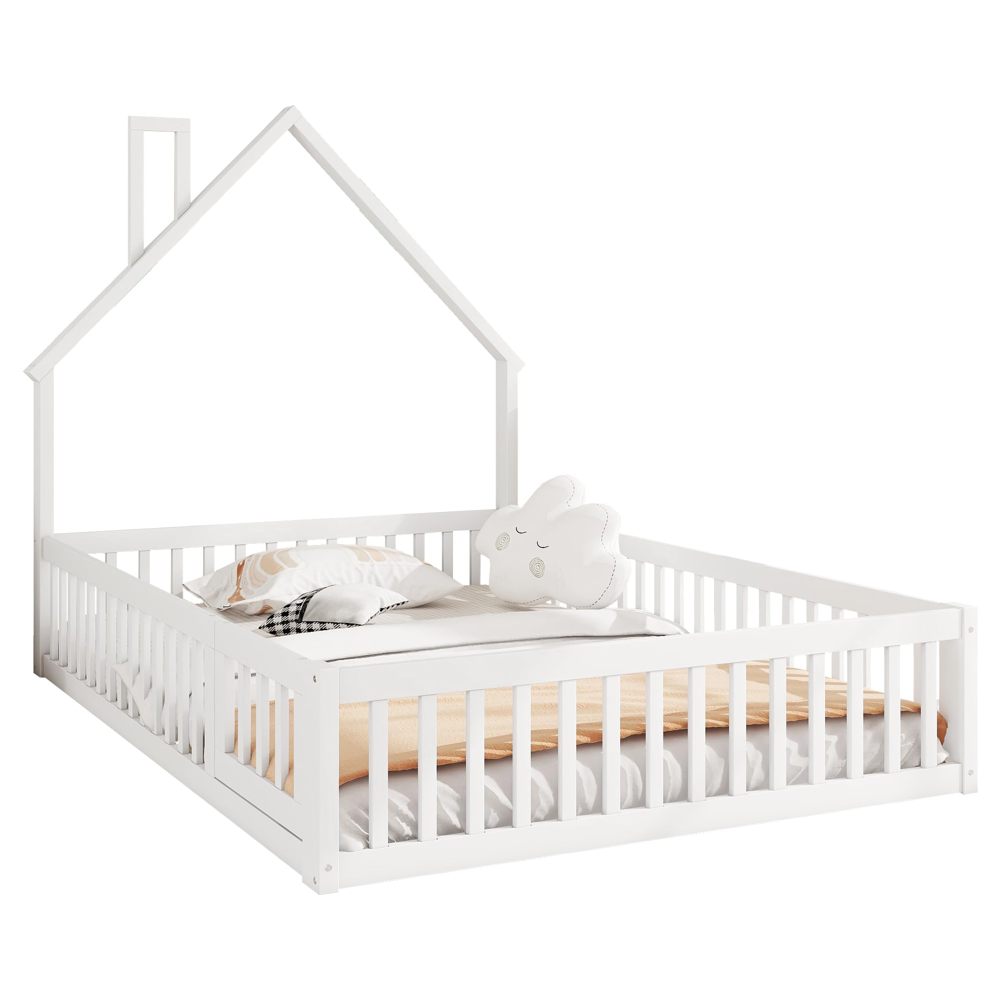 Lettino per bambini 140 x 200 cm, con protezione anti-caduta di sicurezza e porta, letto imbottito con rete a doghe in legno, design a forma di camino, letto in legno, per ragazzi, senza materasso