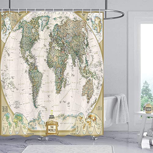 Jipusai World Map Shower Curatins, Vintage Style Green Map Shower Curtain Sets For Bathroom,Fabric Colorful Countries Globe Nautical Map Bath Curtains With Hooks 70X72 In #TOP22