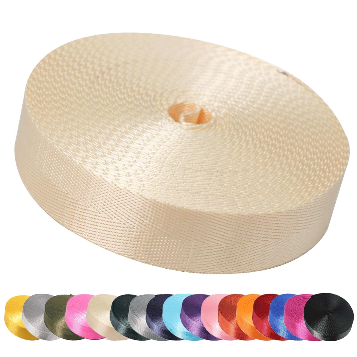 Photo 1 of Devobunch 1 Inch Nylon Webbing Strap, Heavy Duty Nylon 10|25 Yard Webbing Roll, Durable Strapping for Indoor or Outdoor Gear, DIY Crafting, Repairing, 15 Vibrant Colors (Beige, 10 Yard)