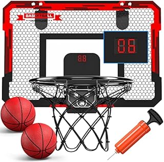 TEMI Indoor Basketball Hoop for Kids, Over The Door Basketball Hoop, Mini Hoop with Electronic Scoreboard & 2 Balls, Basketball Toy Gifts for Kids Teens Boys