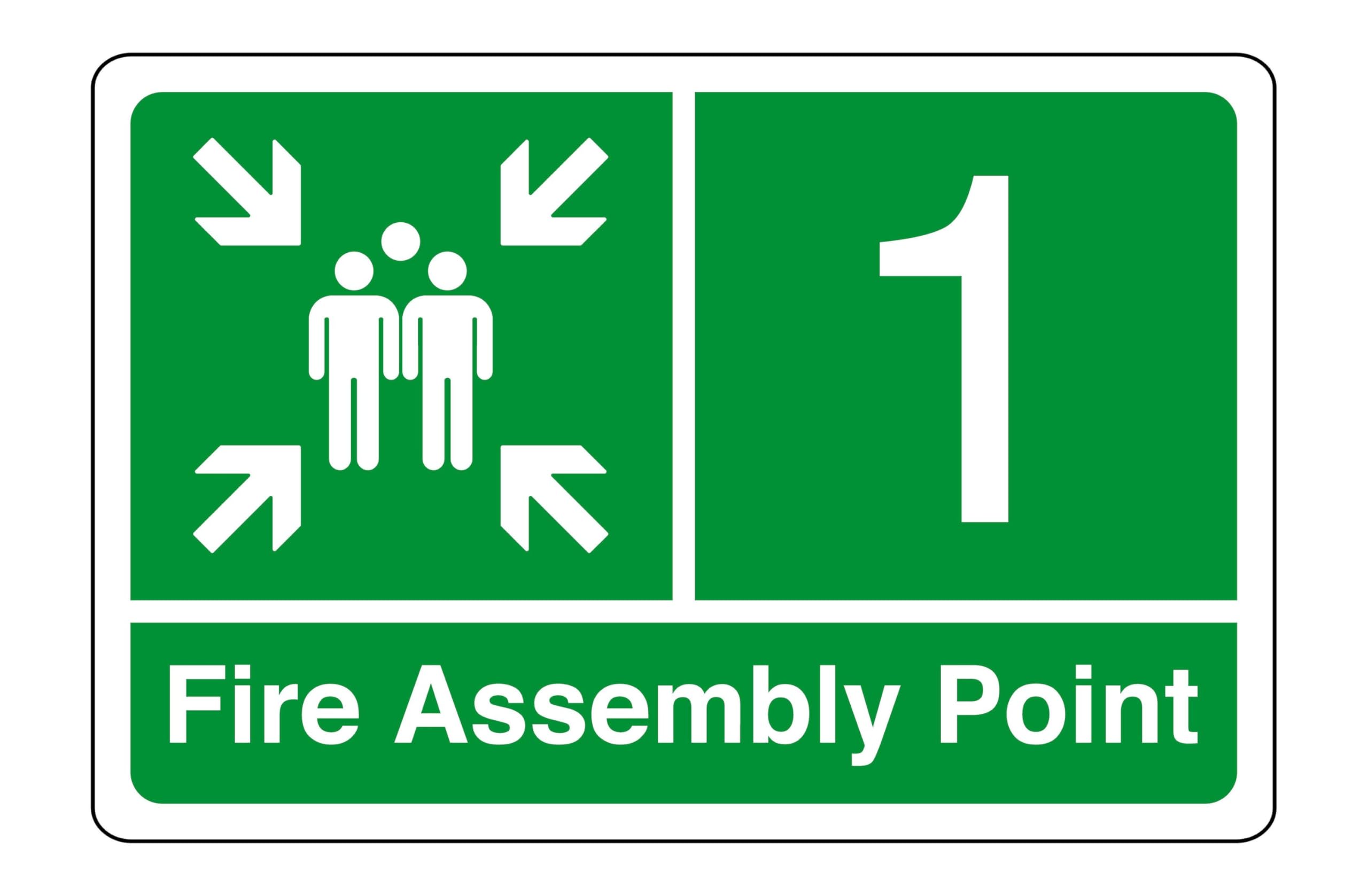 Fire assembly point "1" - safety sign- 3mm Aluminum Dibond for indoor/outdoor usage (300mm x 200mm) 7m Viewing Distance.
