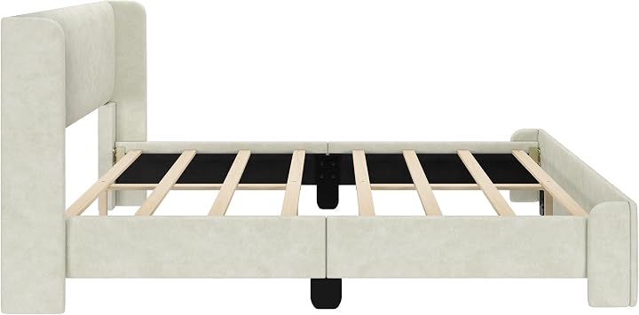 Plank+Beam Upholstered Queen Bed Frame with Rectangular Headboard, Upholstered Platform Bed, No Box Spring Needed, Easy Assembly, Cream