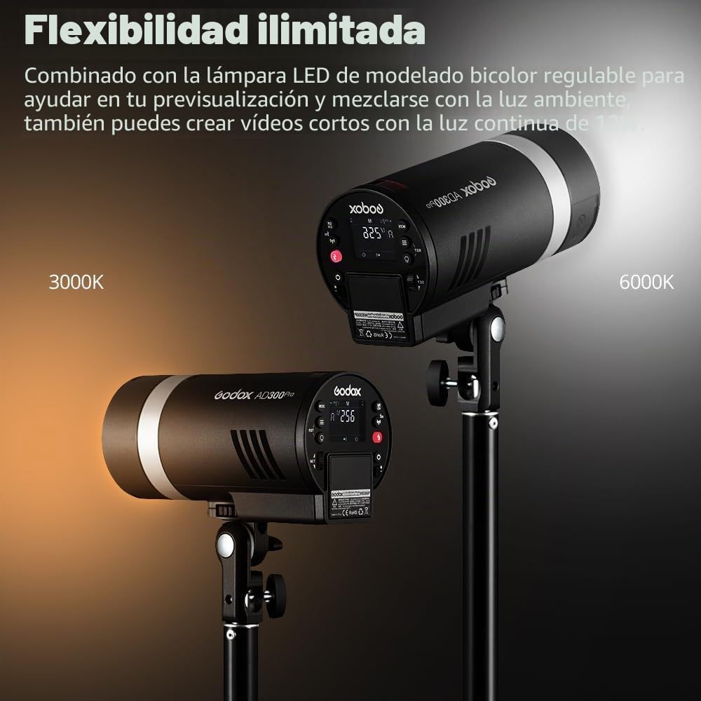 Godox AD300Pro AD300 Pro Mochila con 2 Flashes 300W 2.4G TTL 1/8000 HSS, 0.01-1.5s Tiempo de Reciclaje, 320 Plena Potencia con batería de Litio de 2600 mAh.
