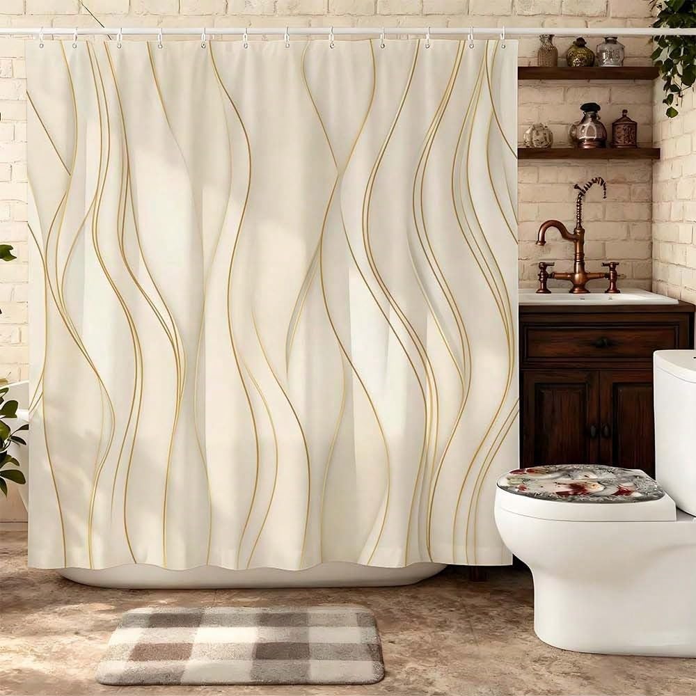 GLKSDLPO Beige & Gold Fluid Marble Shower Curtain, Minimalist Modern Bathroom Set Neutral Color Curtain(140x320cm/55x126in(WxH)