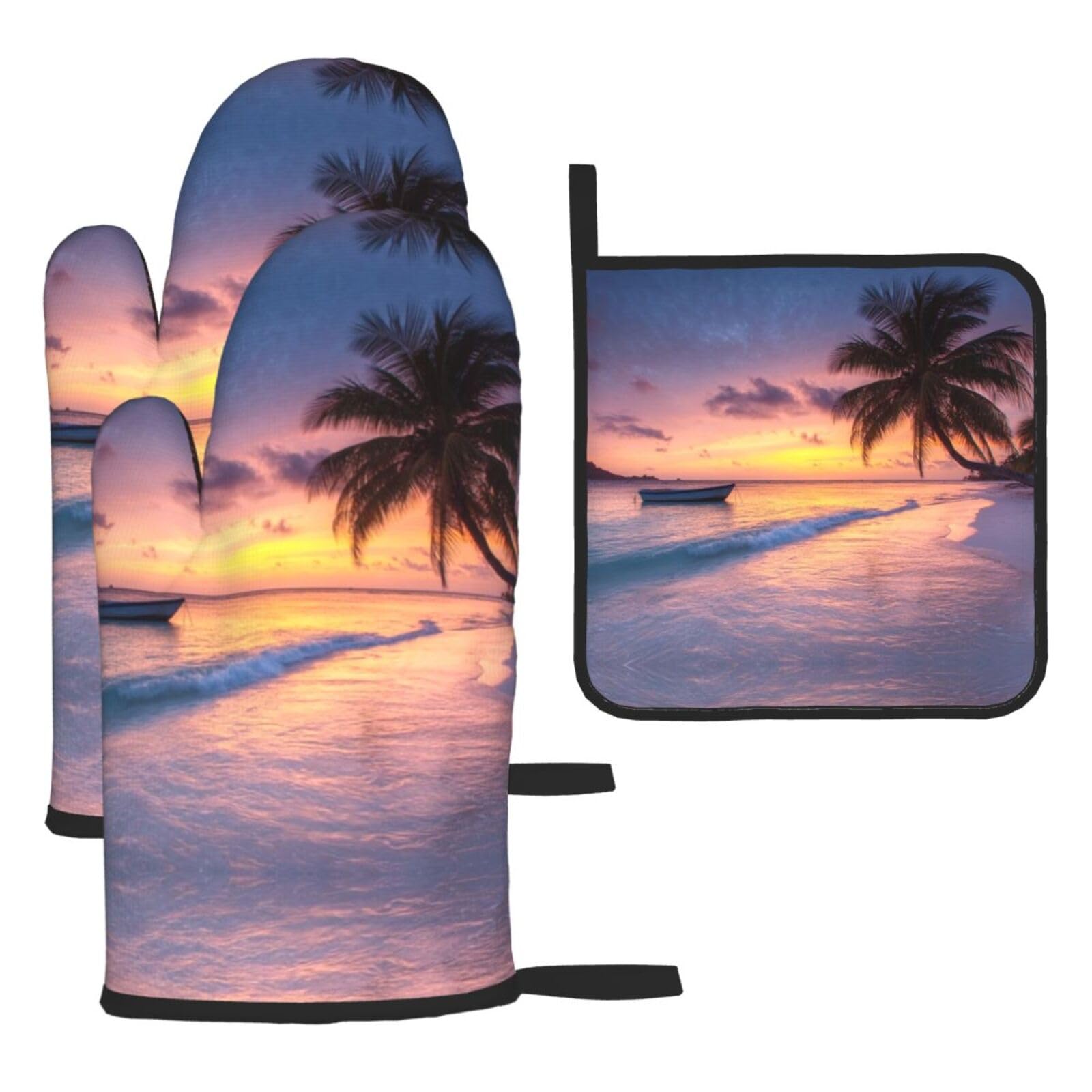 Oven Mitts and Pot Holders Set of 3 Heat Resistant Non-Slip Kitchen Gloves Hot Pads Sunrise Tropical Island Mittens Gloves Non-Slip Potholders for Cooking Baking Grilling BBQ