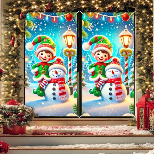 Image of BlissYard Merry Christmas Elf and Snowman Door Cover 71x35 Inch Holiday Front Porch Door Banners Decoration Winter Green Elf Hat Striped Tights Snowy for Sign Party Indoor Outdoor Decor Party Decor