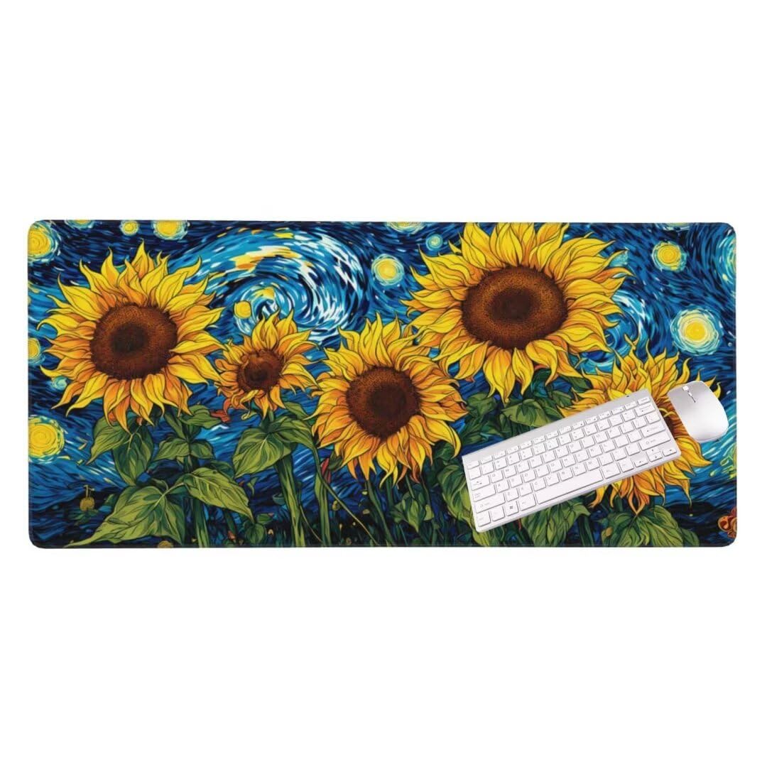 Alfombrilla de ratón 1400x600x3 MM, Alfombrilla Ratón XXL Extendida de Gran Tamaño con Bordes Cosidos, Base de Goma Antideslizante Almohadilla para Teclado, Girasol Abstracto S-2405