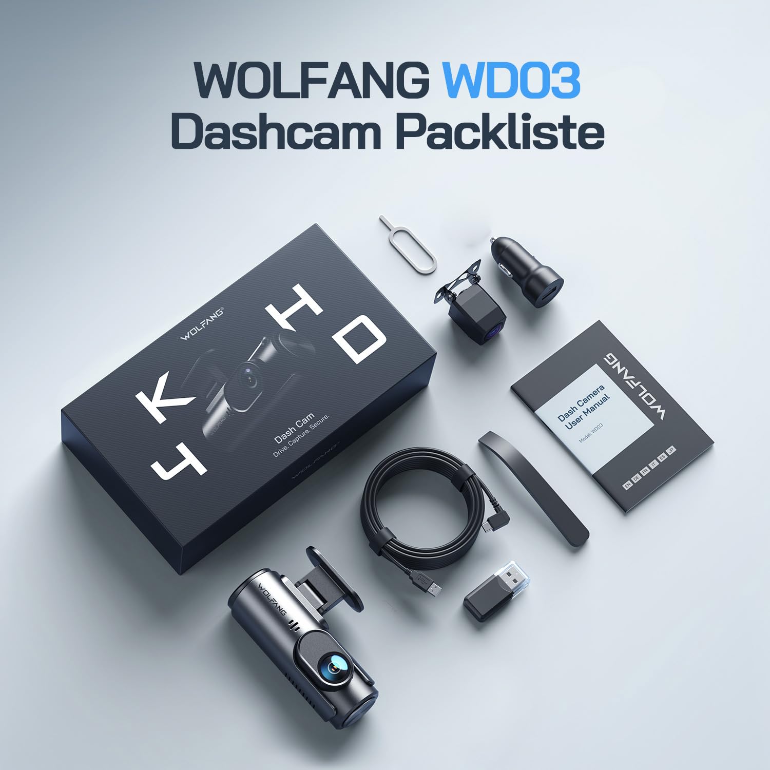 WOLFANG Dashcam 4K+1080P Wi-Fi Dual Auto Kamera Ultra-Nachtsicht 70° Weitwinkel WDR 24 Std. Parkmodus G-Sensor Loop-Aufnahme