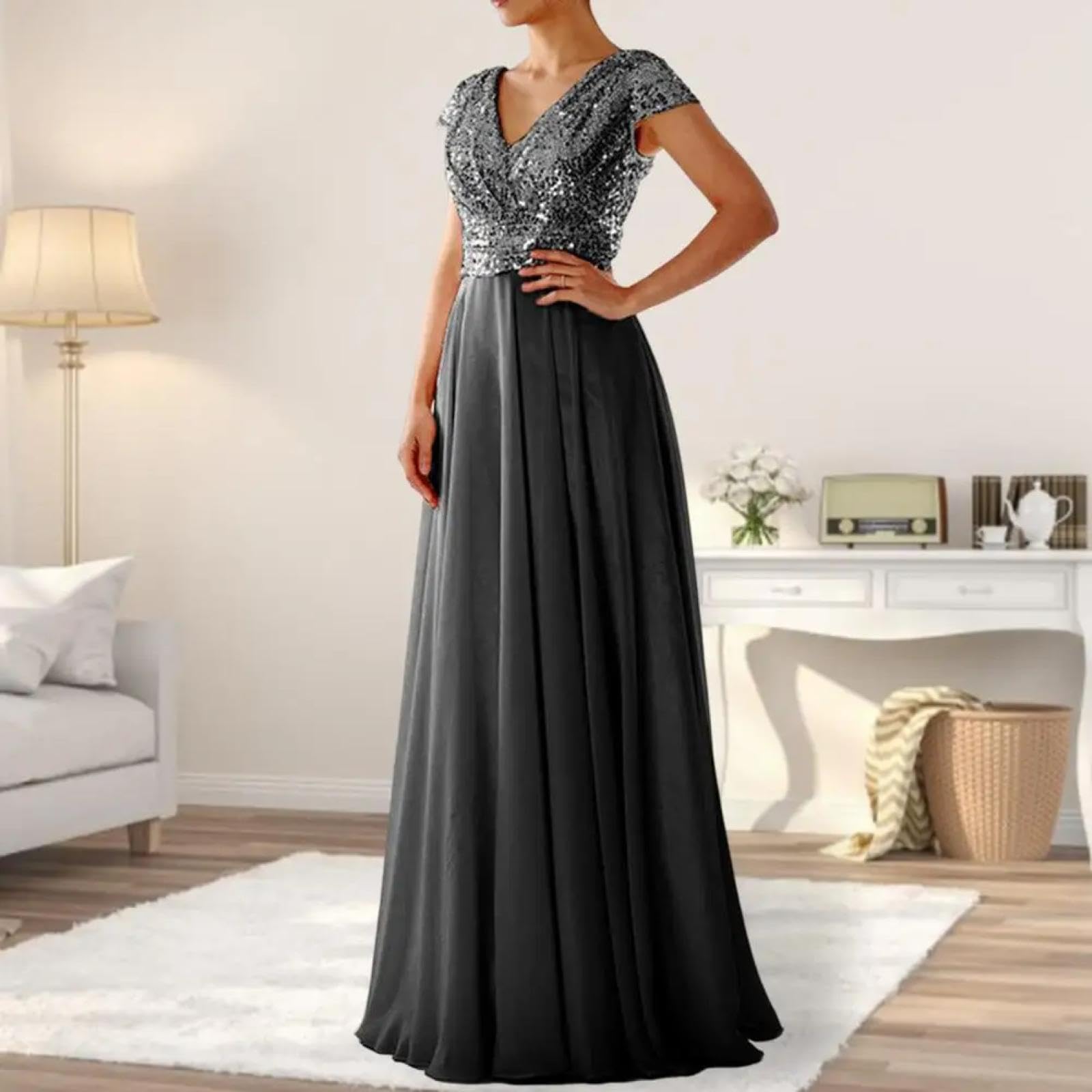 Hübsche Kleider Dress Damen Elegant Pailletten Chiffon Abendkleid V-Ausschnitt Kurzarm Hohe Taille Taille Eng Anliegendes Maxikleid Saum Weibliches Clothin