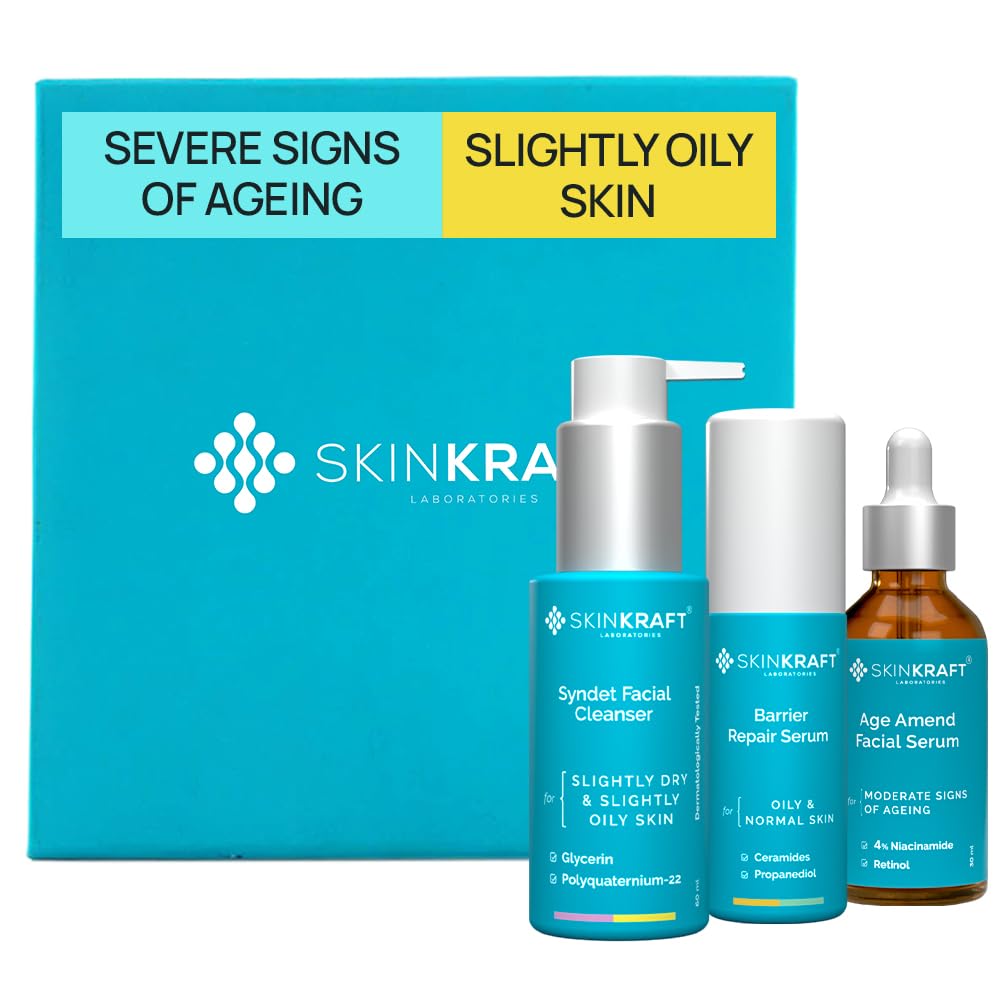 SkinKraft Anti-Aging Skin Regimen for Slightly Oily Skin – Peptides, Resveratrol, Ferulic Acid & Ceramides – 3-Step Skincare Routine for Severe Signs of Aging with Barrier Support & Antioxidant Care – Cleanser, Serum & Treatment – Pack of 3