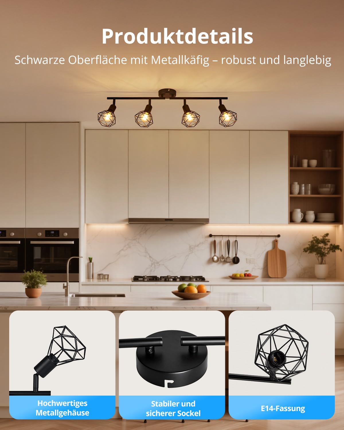 Gr4tec Deckenlampe Schwarz, Deckenstrahler 4 Flammig E14, Ohne Leuchtmittel | Deckenleuchte Strahler Vintage Industrial, Metall Deckenspot Innen, Schwenkbar Küchenlampe Wohnzimmerlampe Flurlampe Decke