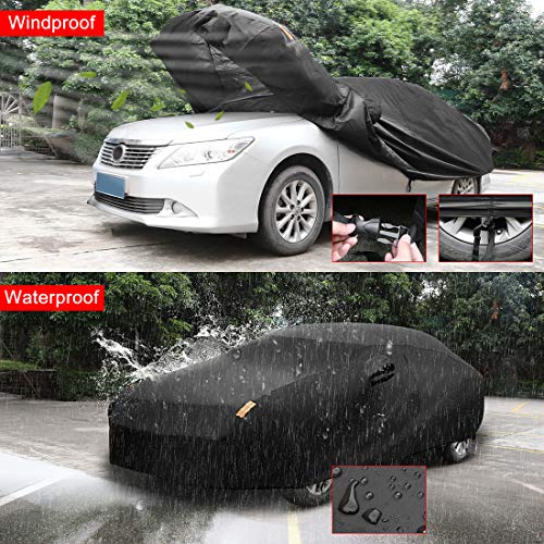 Image of uxcell 190T 450x175x150cm Black Car Cover Waterproof Breathable Scratch Rain Snow Heat Resistant with Driver Door Zipper Mirror Pocket and Reflective Strips