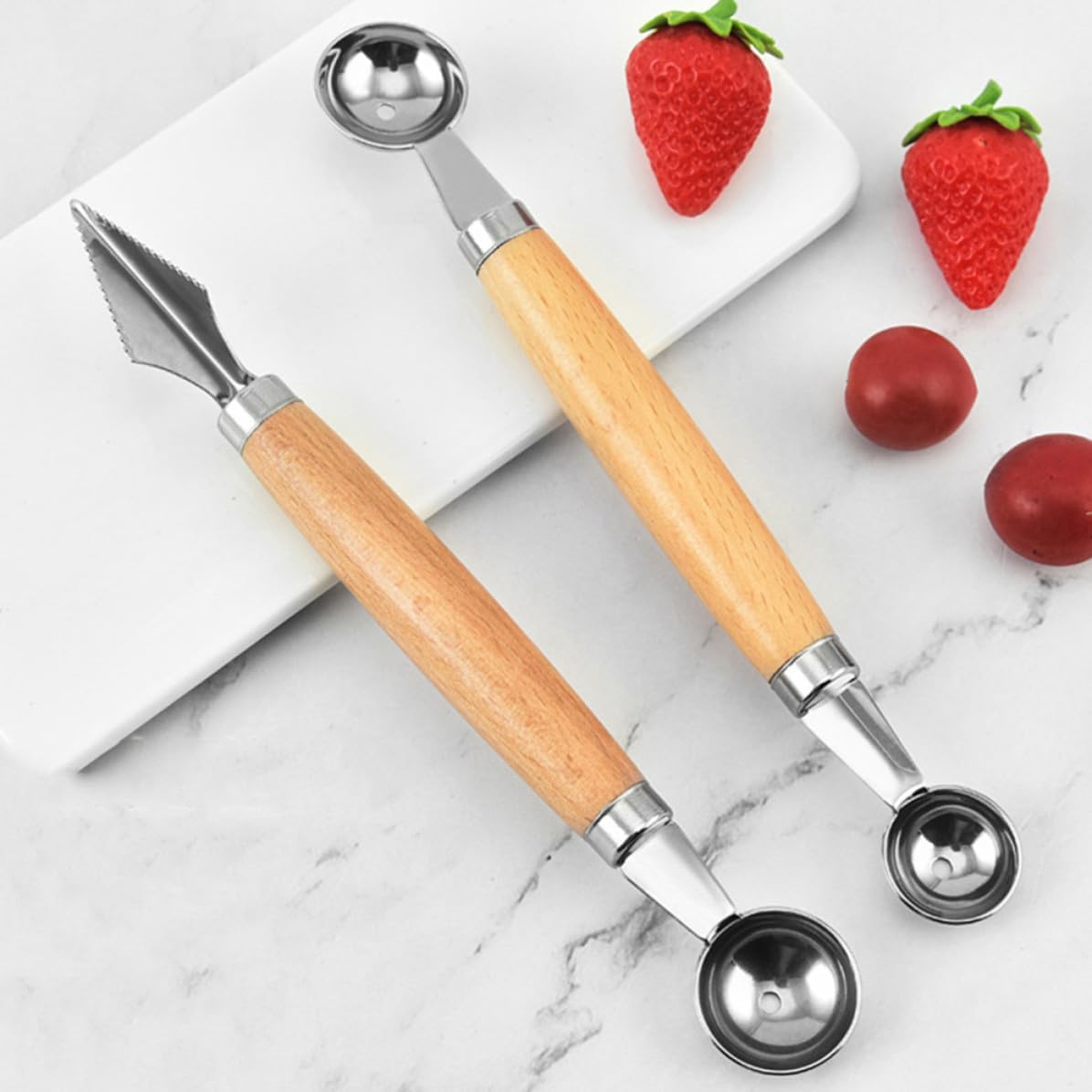 2pcs Multi-function Fruit Spoon Melon Scooper Stainless Steel Beech
