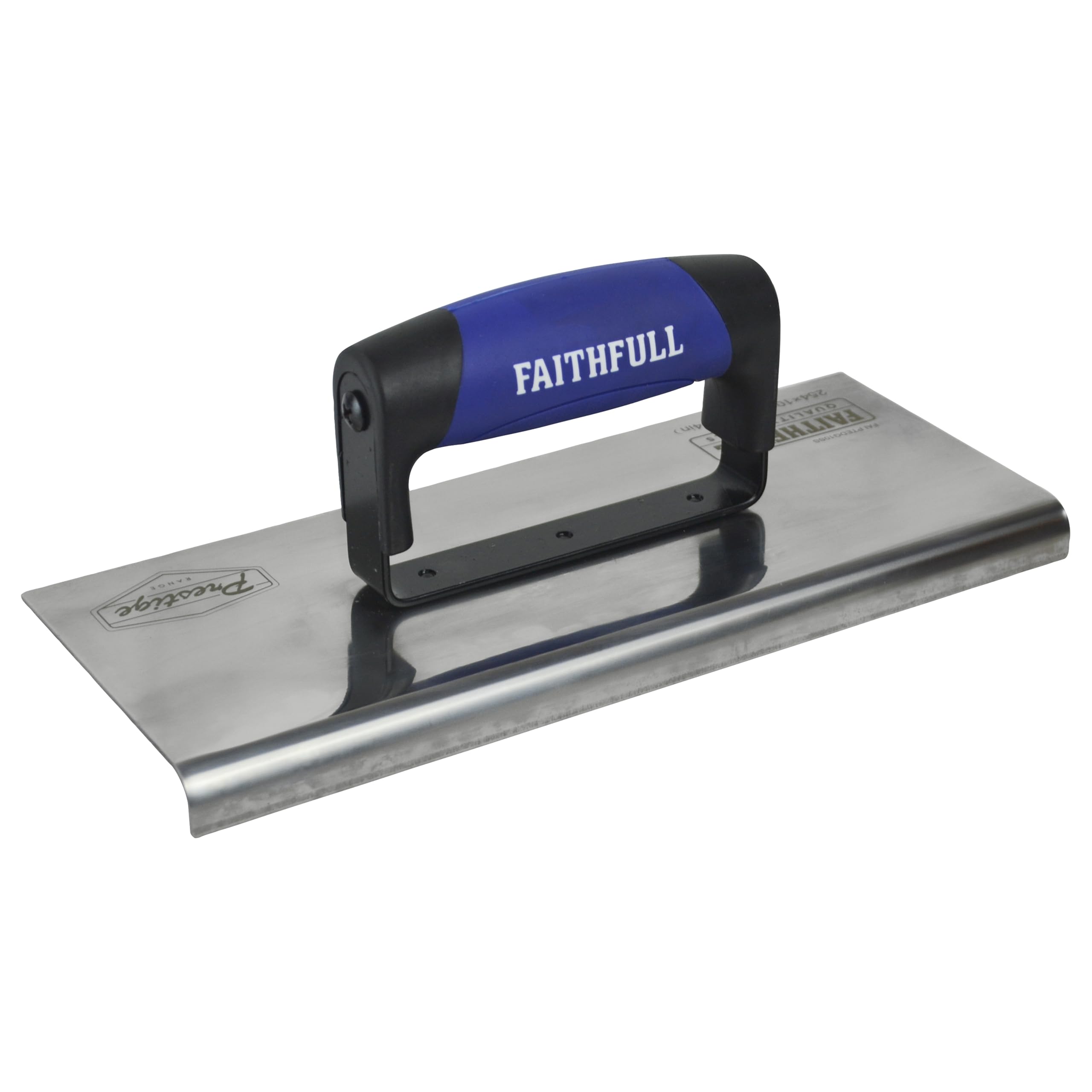 Faithfull Silver / Blue / Black Prestige Curved Edging Trowel, Stainless Steel Blade & Soft-Grip Handle For Shaping Steps & Verges – 10 X 4 Inch