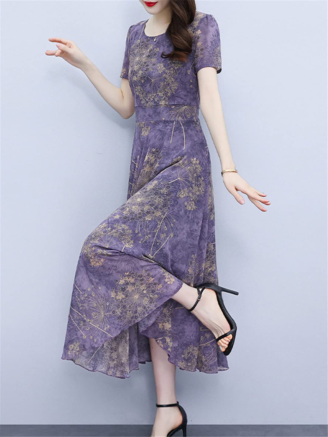Abito lungo estivo da donna, vintage, in chiffon, floreale, elegante, formale, casual, aderente