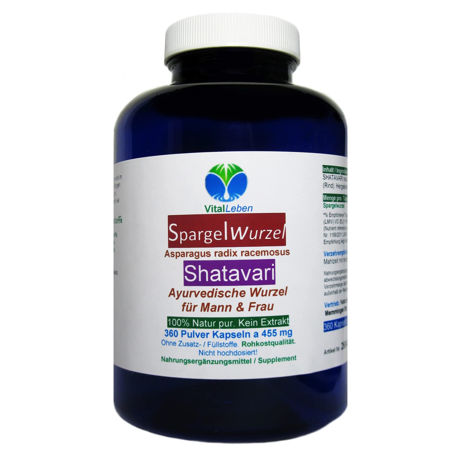 SPARGEL Wurzel SHATAVARI 360 Pulver Kapseln - ASPARAGUS Wirkung nach Ayurveda & Hildegard von Bingen - ADAPTOGEN & natürlicher STRESSKILLER - NATUR PUR - OHNE ZUSATZSTOFFE!! 26840-360