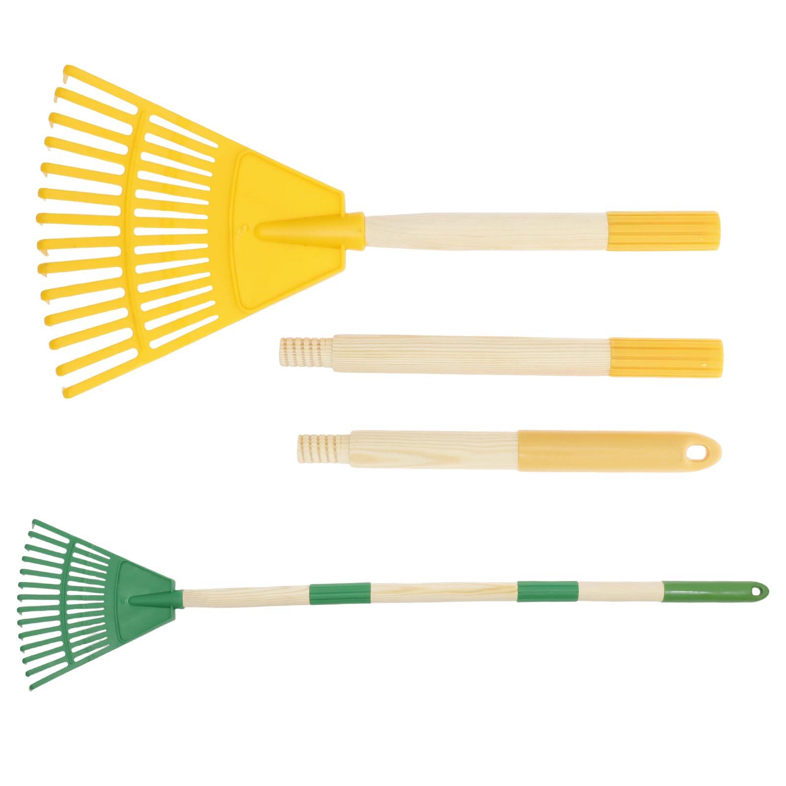 Lot de 2 râteaux à feuilles pour enfants avec 14 dents et manche en bois naturel de 67 cm - Balai à gazon amovible - Longueur totale : 86 cm (jaune et vert)