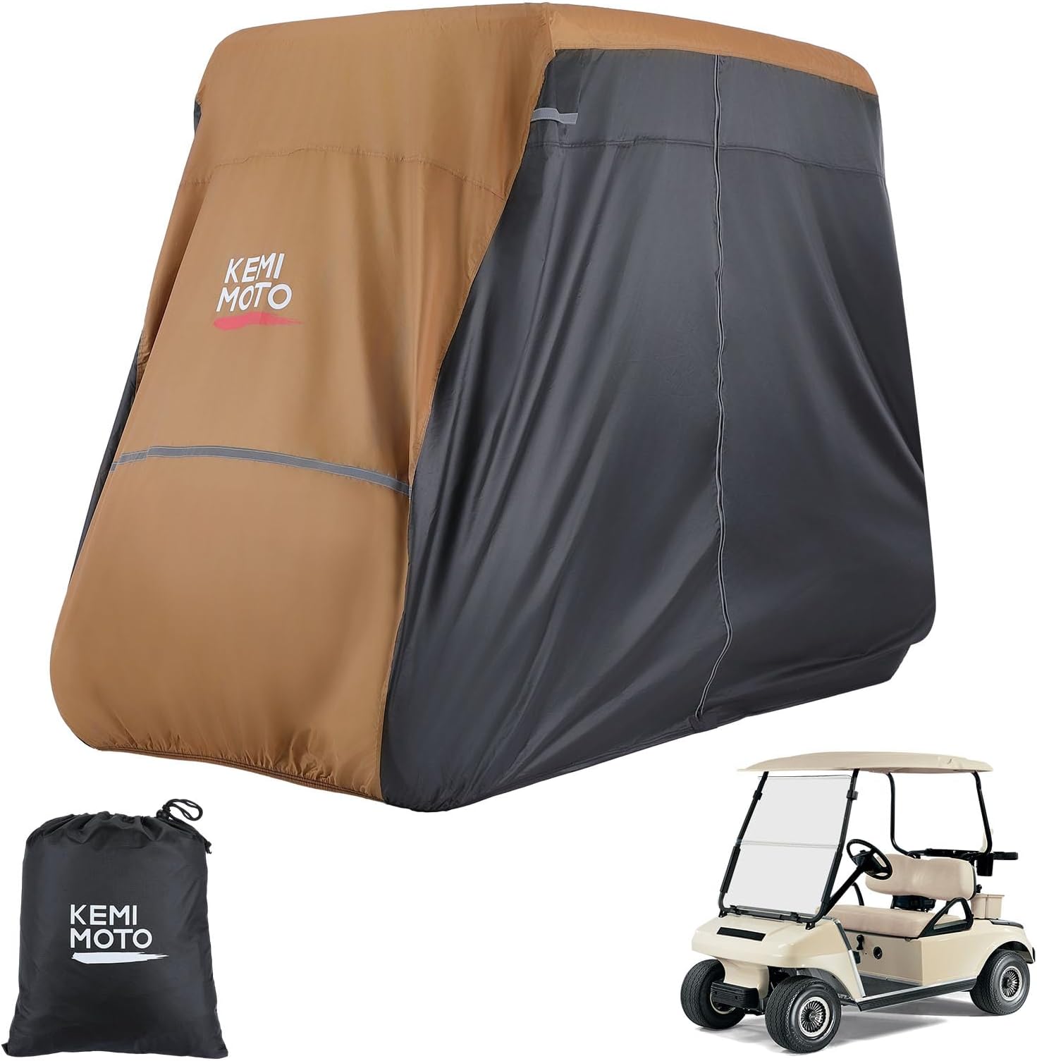 KEMIMOTO Golf Cart Cover, Heavy Duty Golf Cart Rain Cover Universal Fits for Most Golf Cart, Large Golf Cart Cover Compatible with EZGO Club Car 2 Passenger, Brown