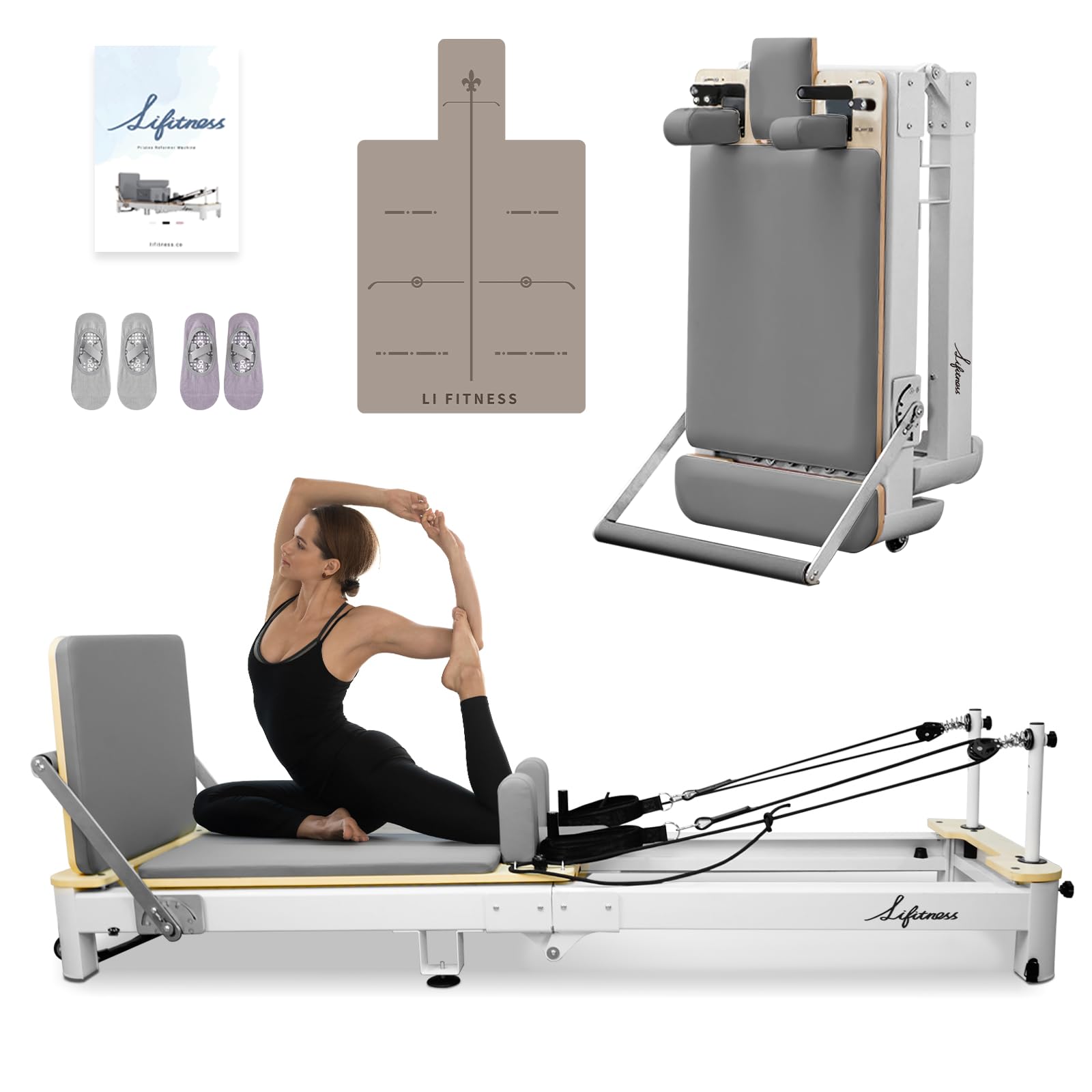 Li Fitness Pilates Reformer, Aluminium Foldable Pilates Machine with Springs, Reformer Box, Jumpboard, Pilates Socks and Mat, Pilates Machine for Home Workout and Gym Exercises White