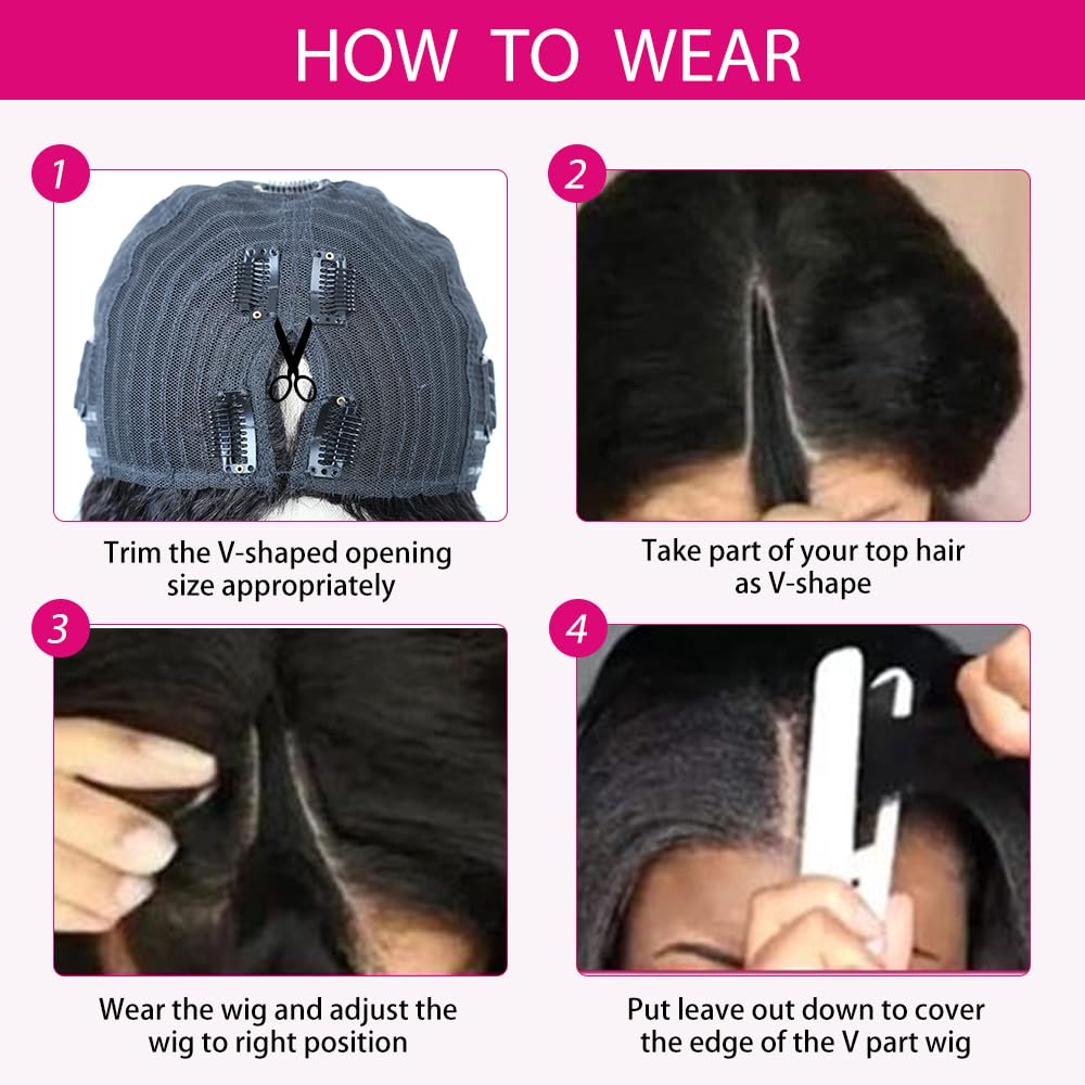 V Part Wig Human Hair 18 Inch Kinky Straight V Part Wig Human Hair With Drawstring 180% Density Upgrade Glueless Wig Human Hair No Leave Out V Part Wig Natural Black