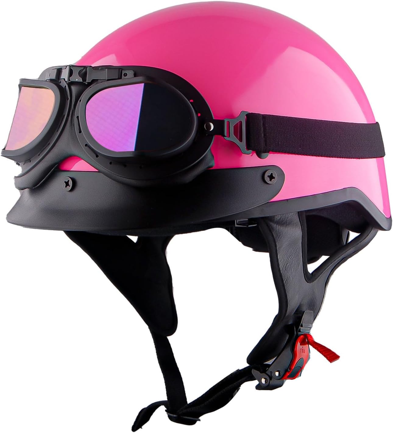 1Storm Motorcycle Half Face Helmet Mopeds Scooter Pilot with Retractable Inner Smoked Visor, Glossy Pink + T008 Black Tinted Goggle Bundle