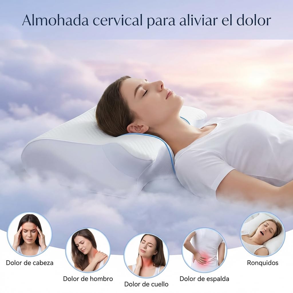 OrthoSleep -Almohada Cervical Ergonómica con Memoria de Forma, Soporte para Cuello y Hombros, Funda Lavable para Dormir (Blanco)