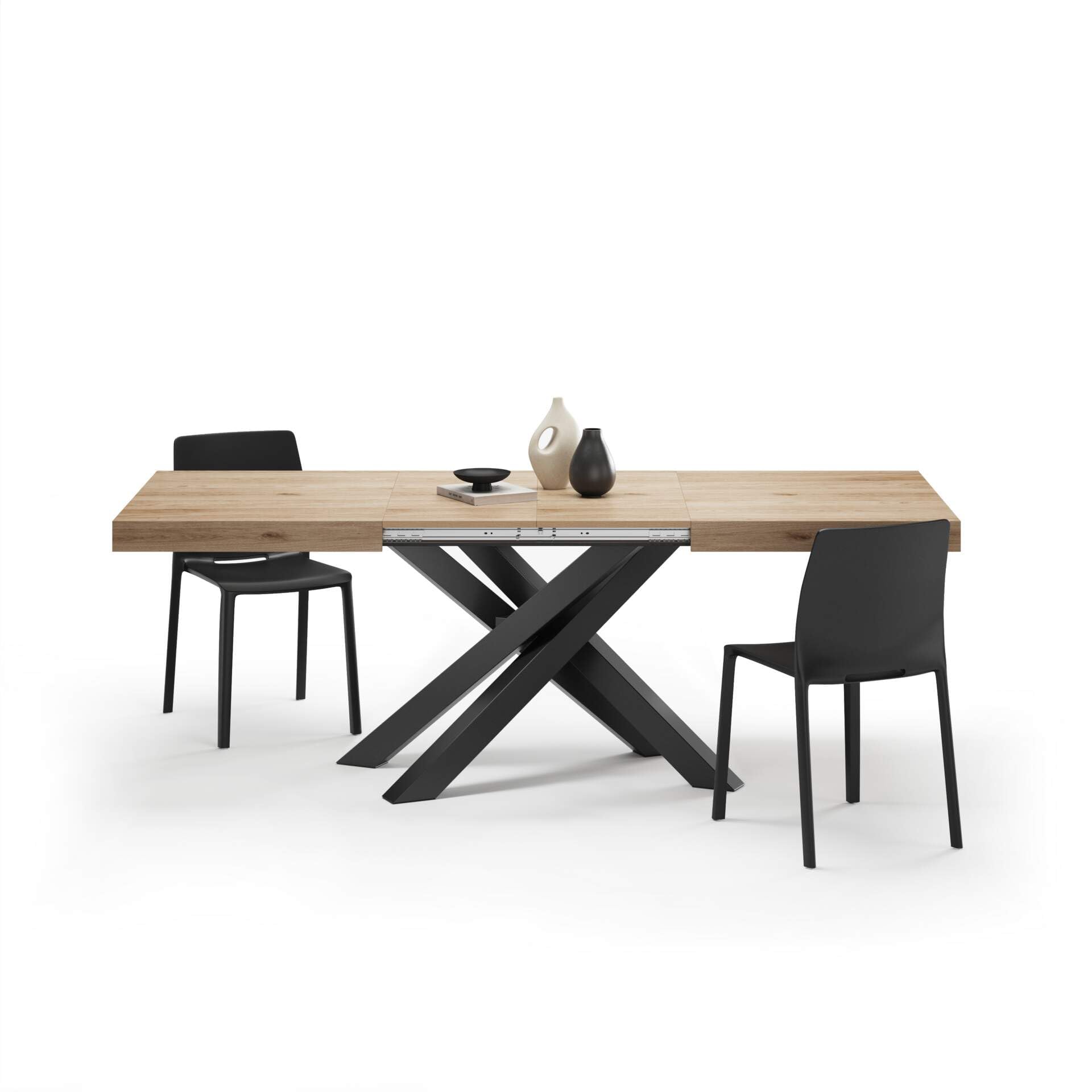 Mobili Fiver, Tavolo Allungabile Emma 140(220) x90 cm, Rovere Naturale con Gambe Incrociate nere, per 6-​10 persone, Tavolo Cucina, Soggiorno, Made in Italy