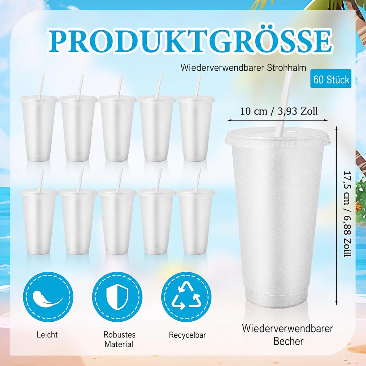 60er Pack Plastikbecher mit Deckel und Strohhalm, 710ml Kunststoff Glitzerbecher Set, Wiederverwendbare Partybecher für Eiskaffee Kaltes Trinken Smoothie Saft (Weiß)