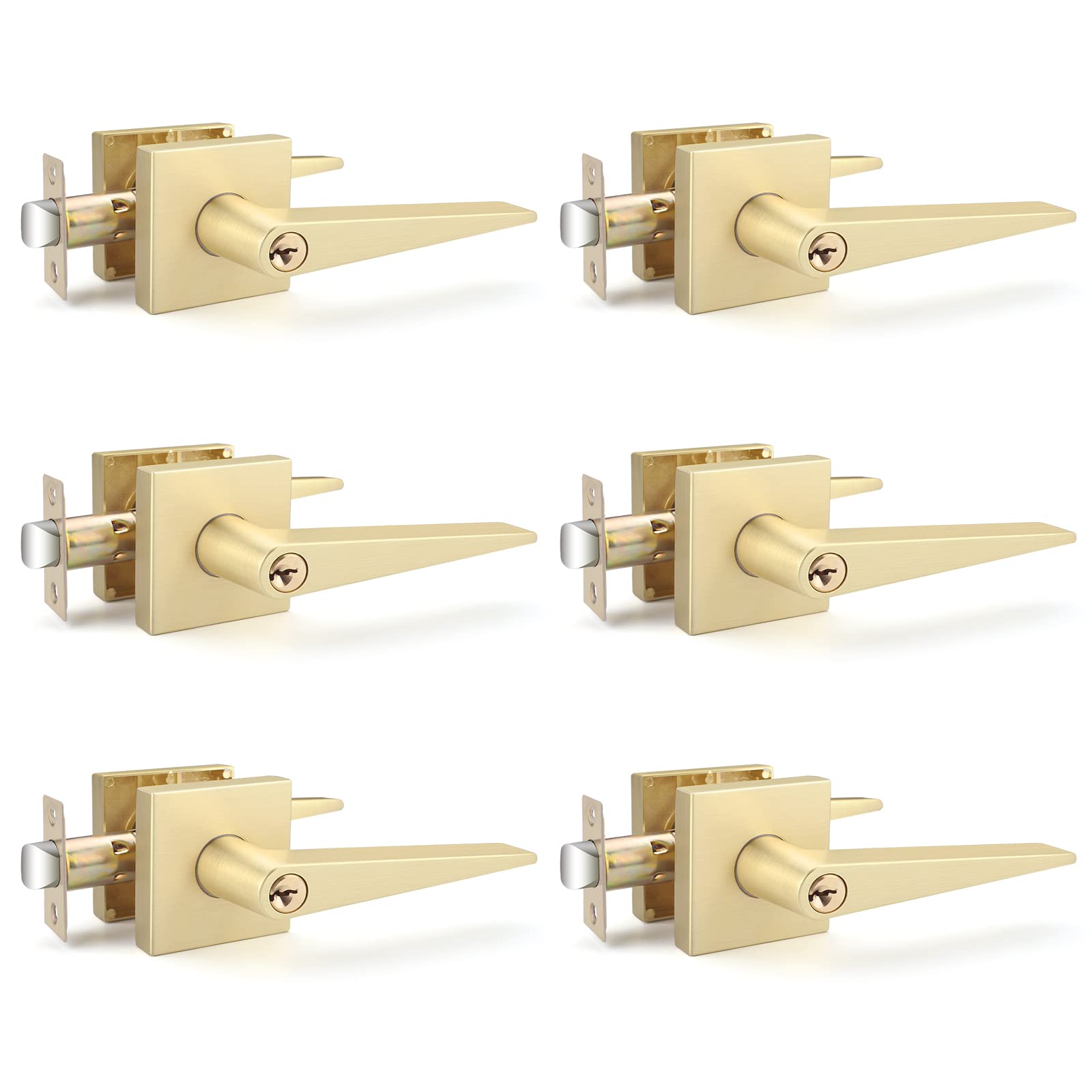 EHOMEWARE Gold Door Handle Interior Door Knob with Lock and Keys 6 Pack, Heavy Duty Entry Door Handle Lock for Bedroom or Bathroom, Door Lock with Handle Reversible for Left Right Sided Doors
