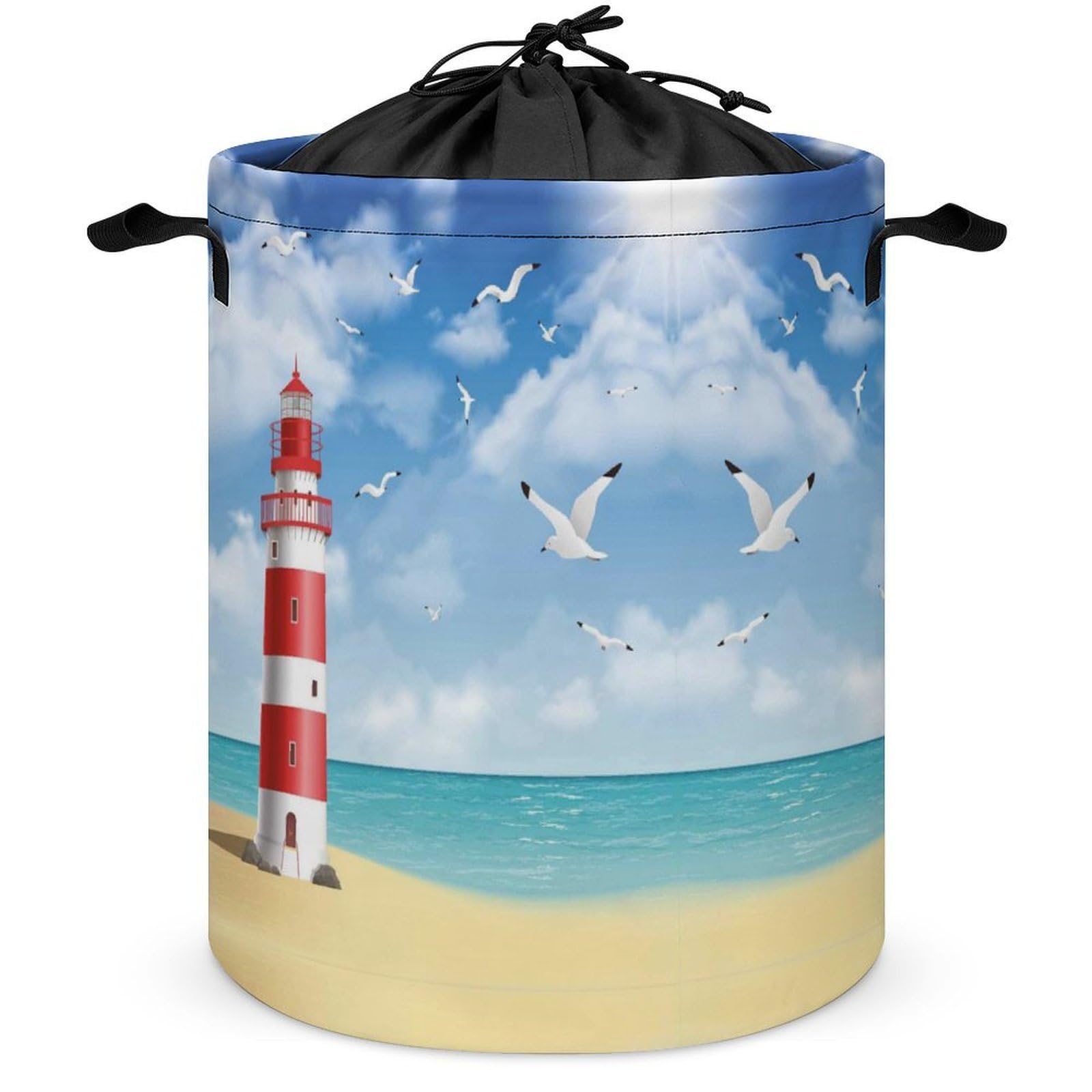 Qjjinxior Drawstring Laundry Hamper, Lighthouse Laundry Basket, Washing Basket with Handle