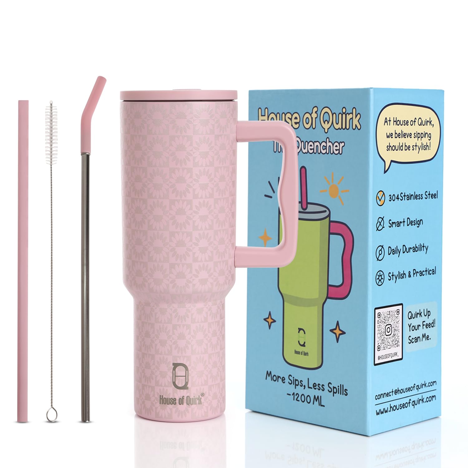 House of Quirk 1200ML Stainless Steel Tumbler with Handle & Lid, 2 Straws – Large Travel Mug Water Cup for Gym, Office & Outdoor Use (Peach Sun)