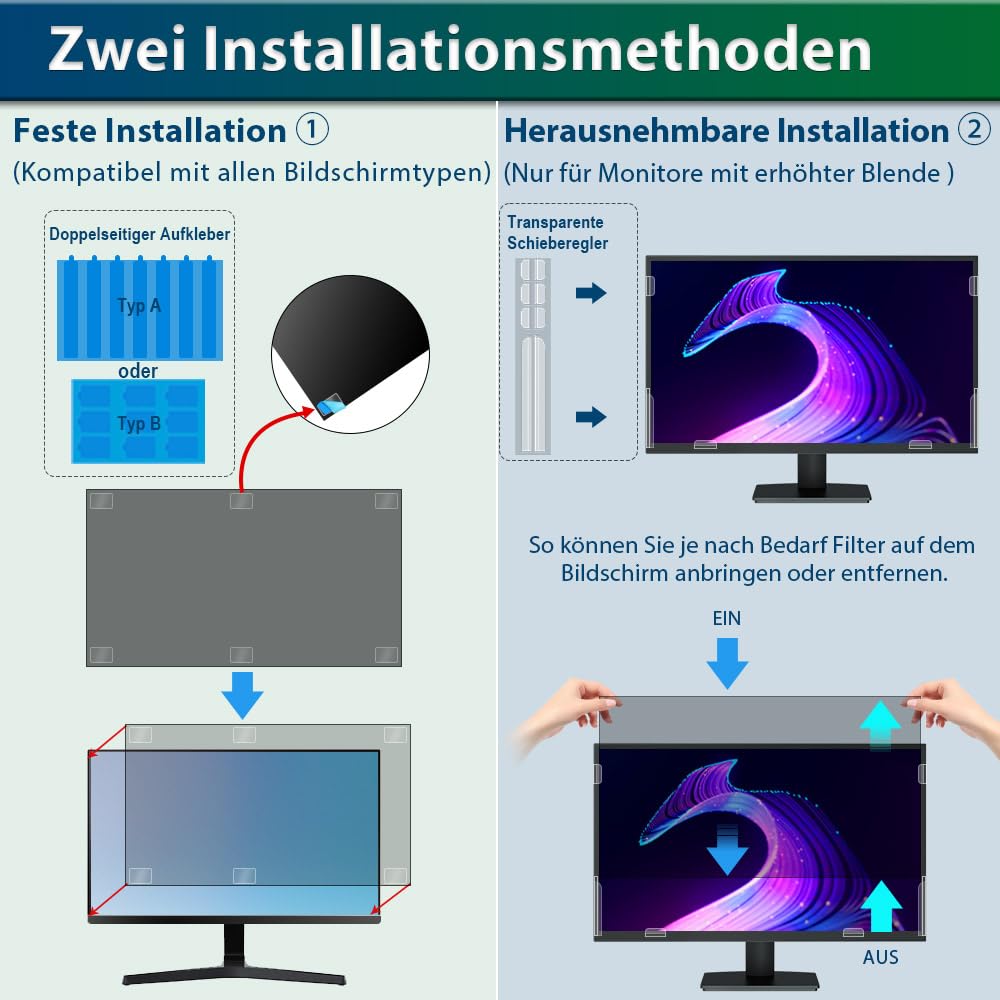 STARY 2 Stück Blickschutzfilter 24 Zoll 16:9 Bildschirmschutz - Anti-Blaulicht, Anti-Glare, abnehmbare Sichtschutzfolie für 24" Monitor, Kompatibel mit HP, ASUS, Dell, Acer/Lenovo
