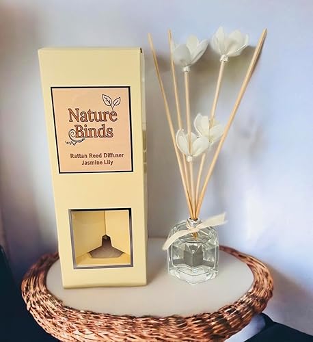 Juego de difusor de varillas de ratán, aceite perfumado de lirio de jazmín con palos y hermosas flores de magnolia blanca, difusor de decoración de