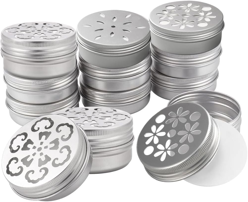 12pcs Air Freshener Tins 3 Style Scent Beads Container 2 Ounce Aluminium Metal Container Empty Storage Tins with Hollow Lids for Aromatherapy Air Freshener Travel Storage 2.68x1.36 inch