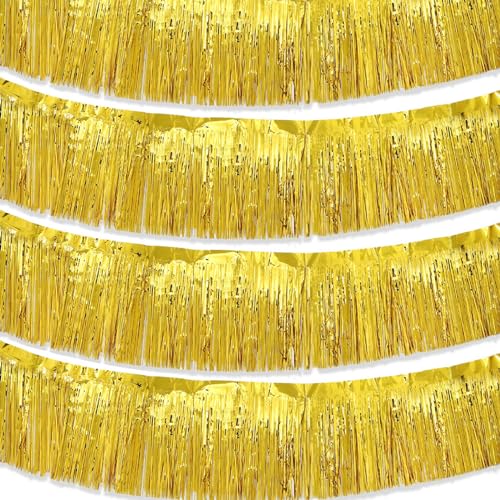 Gold Foil Fringe Parade Floats Garland,4 Pack Metallic Tinsel Streamers Banner For Trailer Wraps Birthday Wedding Party Deco,10Ft Each