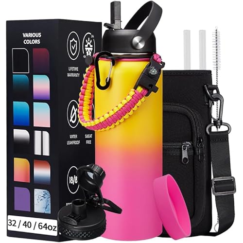 40OZ Insulated Stainless-Steel Water Bottle - Reusable Metal Water Bottles with Straw & Spout Lids, Paracord Handle & Carrier Pouch, Leakproof Workout Water Flask for Women Men