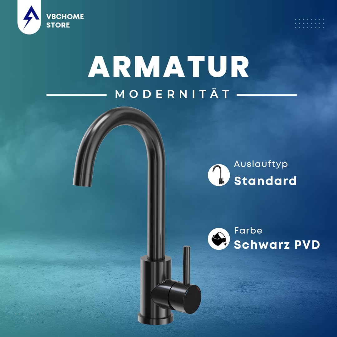 VBChome Edelstahlspüle mit Armatur 40 x 45 cm Schwarz Edelstahl Einbauspüle mit Hahnloch Edelstahl Küchenspüle Spüle Groß Becken Ablaufgarnitur Siphon Edelstahlspüle Schwarz PVD Armatur
