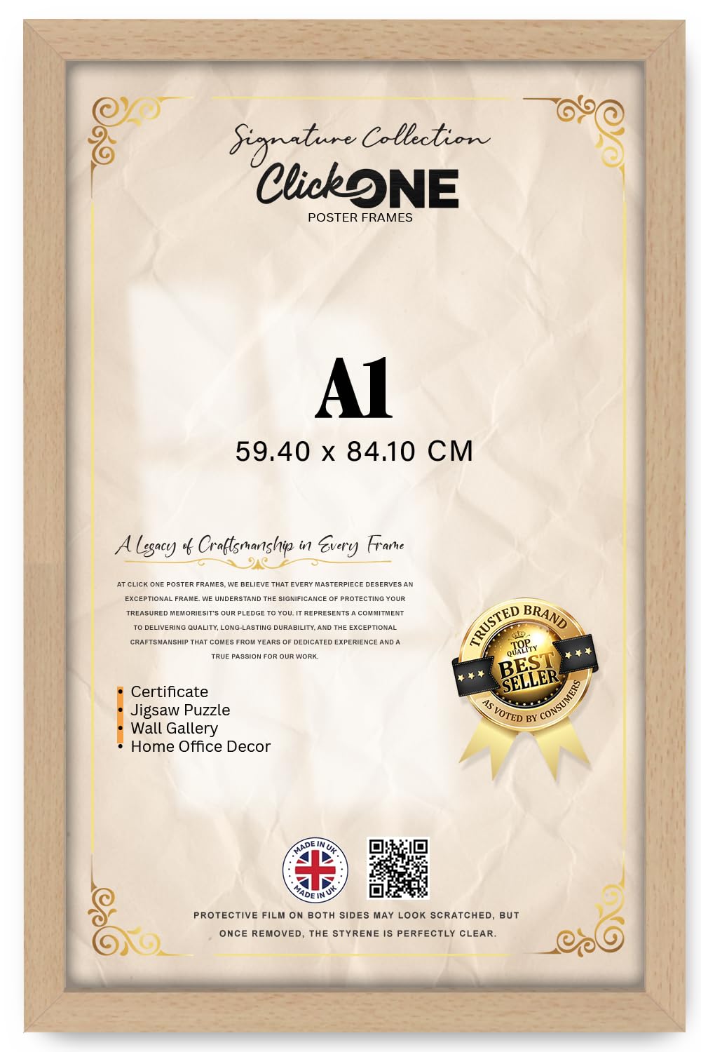 Click One — Rectangle Contemporary Engineered Wood Grain Poster Frame A1 (59.40 X 84.10 CM) | 33 X 23 Inch Portrait And Landscape Display With Clear Styrene Sheet Beech Natural Finish For Wall