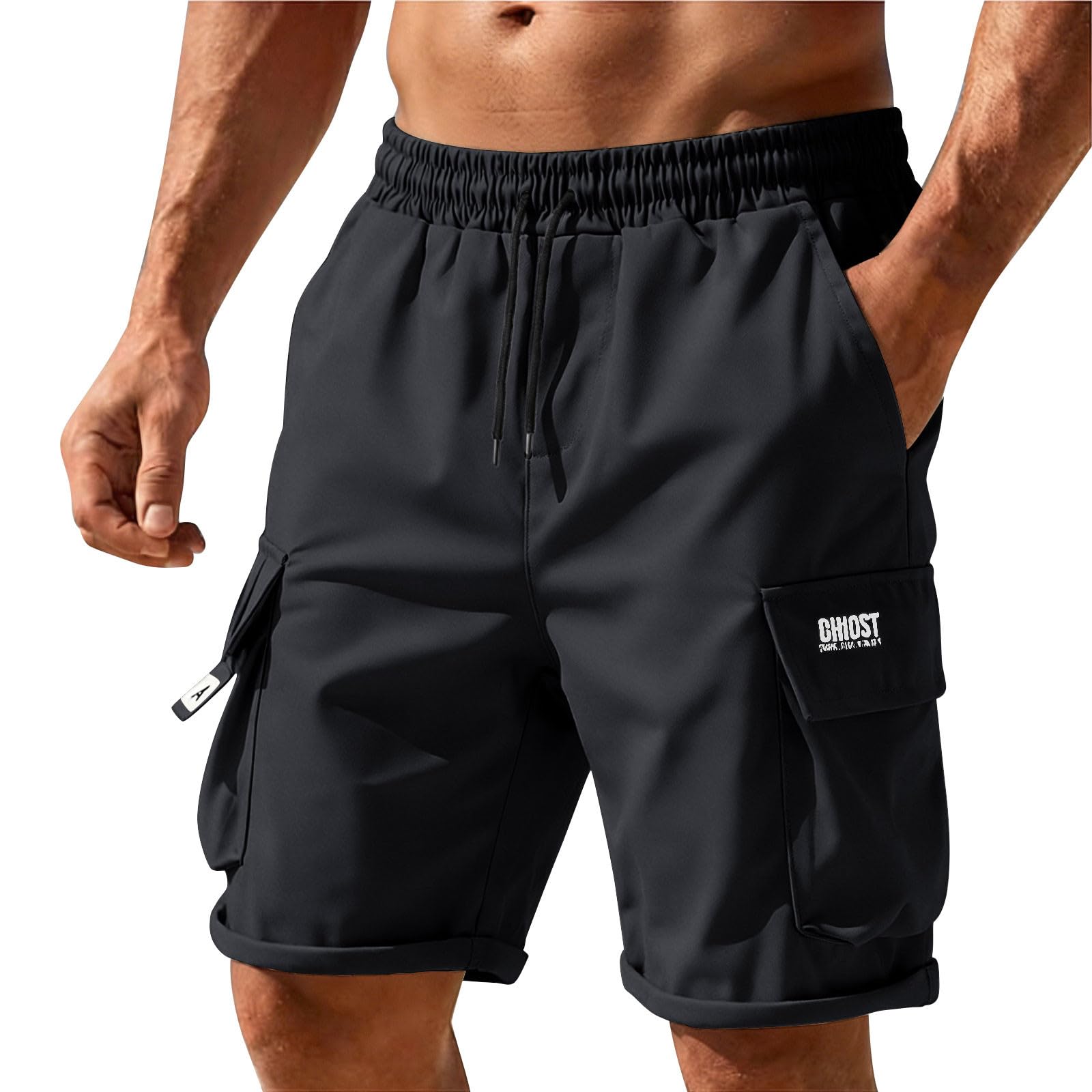 Men's Stretchy Cargo Shorts Hiking Short Pants with Multi Pockets Summer Outdoor Elastic Waist Shorts Loose Drawstring Pant