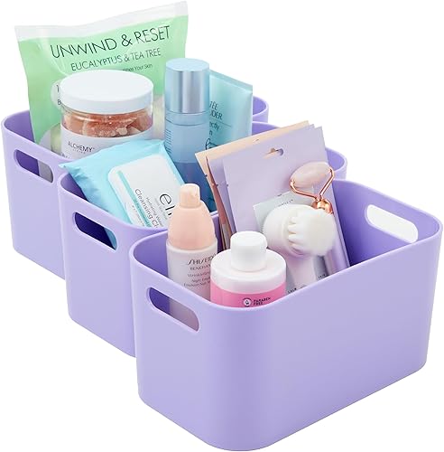 STORi Contenedores organizadores de plástico abiertos de 10 x 6 pulgadas (juego de 3) lila, contenedor rectangular para maquillaje y tocador con