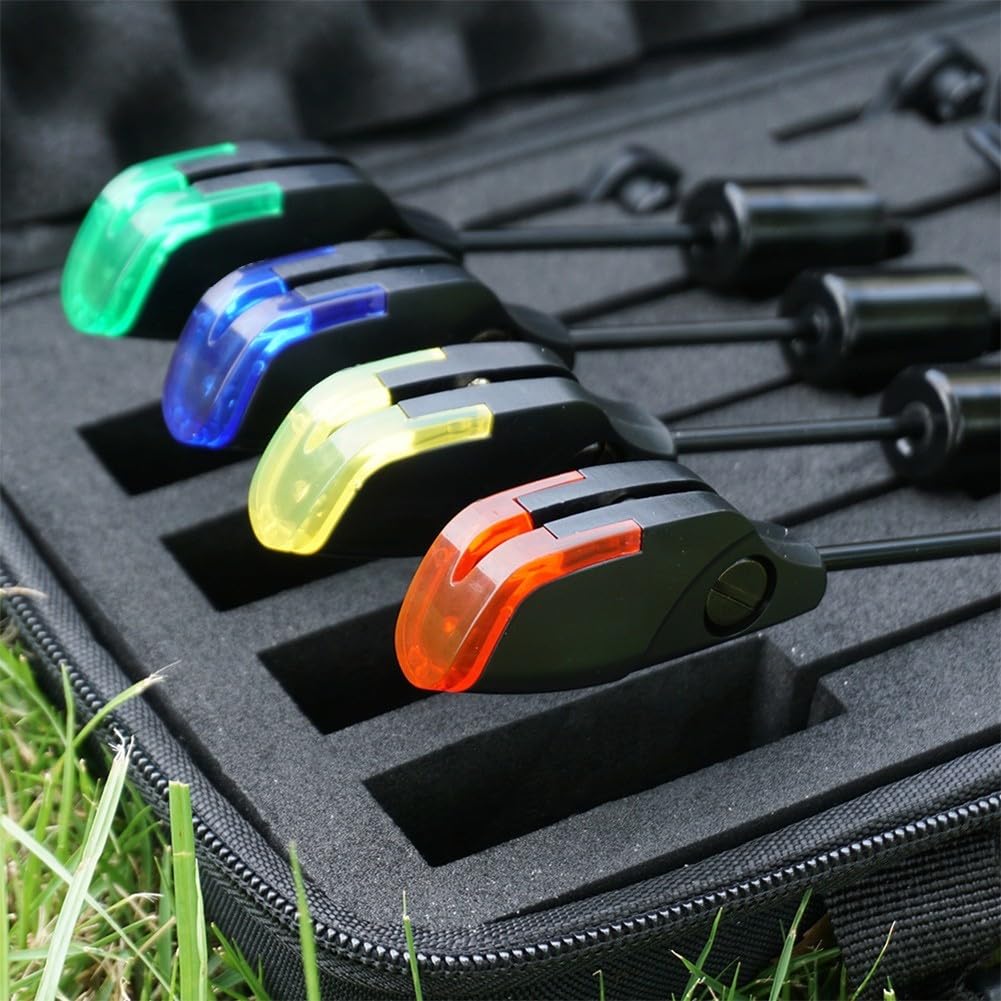 Lot de 4 détecteurs de touche pour pêche à la carpe avec indicateurs lumineux LED, siège de base amovible, dessus de boule magnétique, 2,5 mm, rouge, bleu, jaune, vert pour la nuit