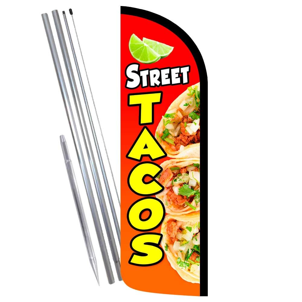 Vista Products Street Tacos Premium Windless Feather Banner Flag Kit (Flag, Pole, & Ground Mt)