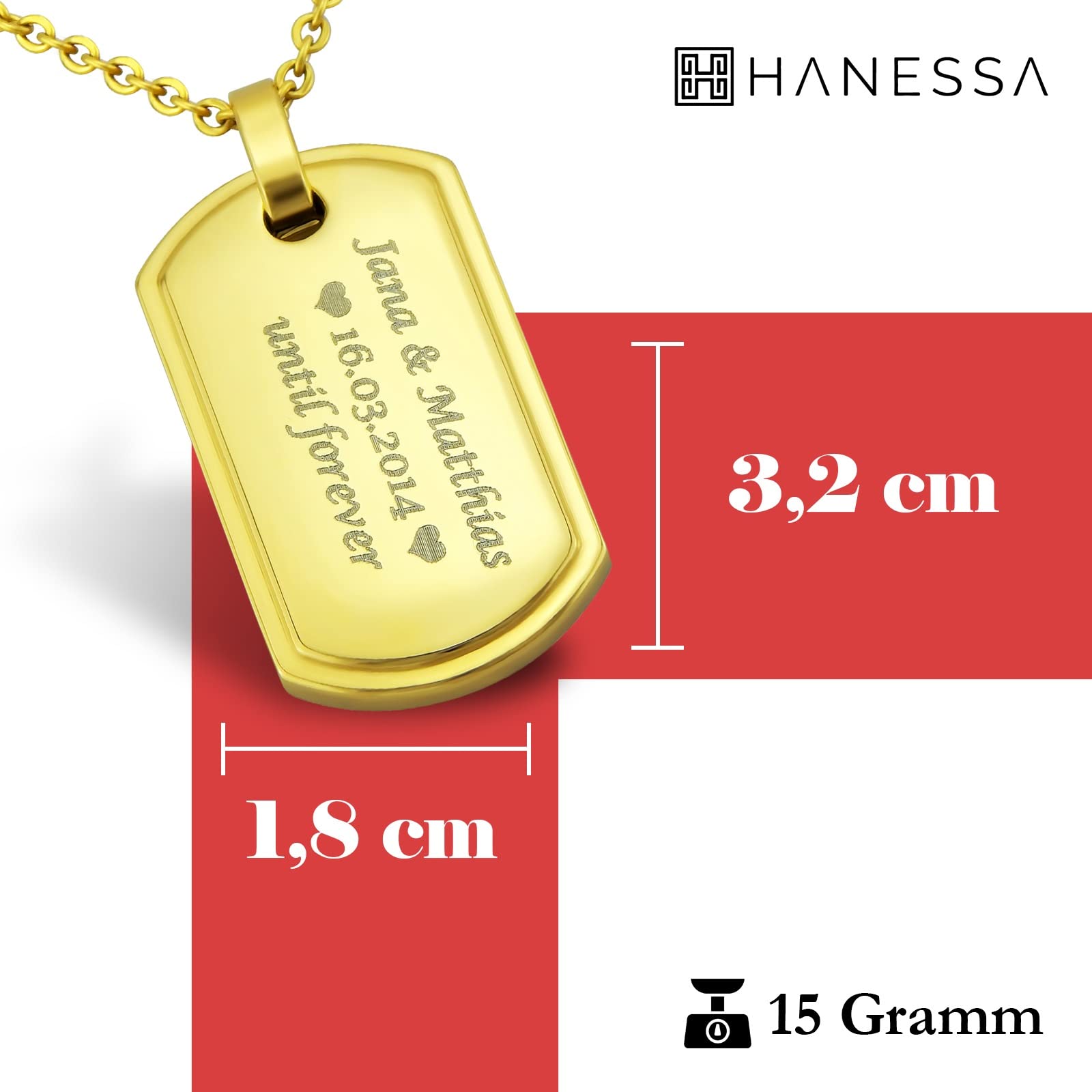 Personalisierte Kette mit Gravur Edelstahl 50 cm mit Anhänger Dog Tag Erkennungsmarke in gold - Personalisierte Halskette für Männer und Frauen - Personalisierter Schmuck Damen Herren