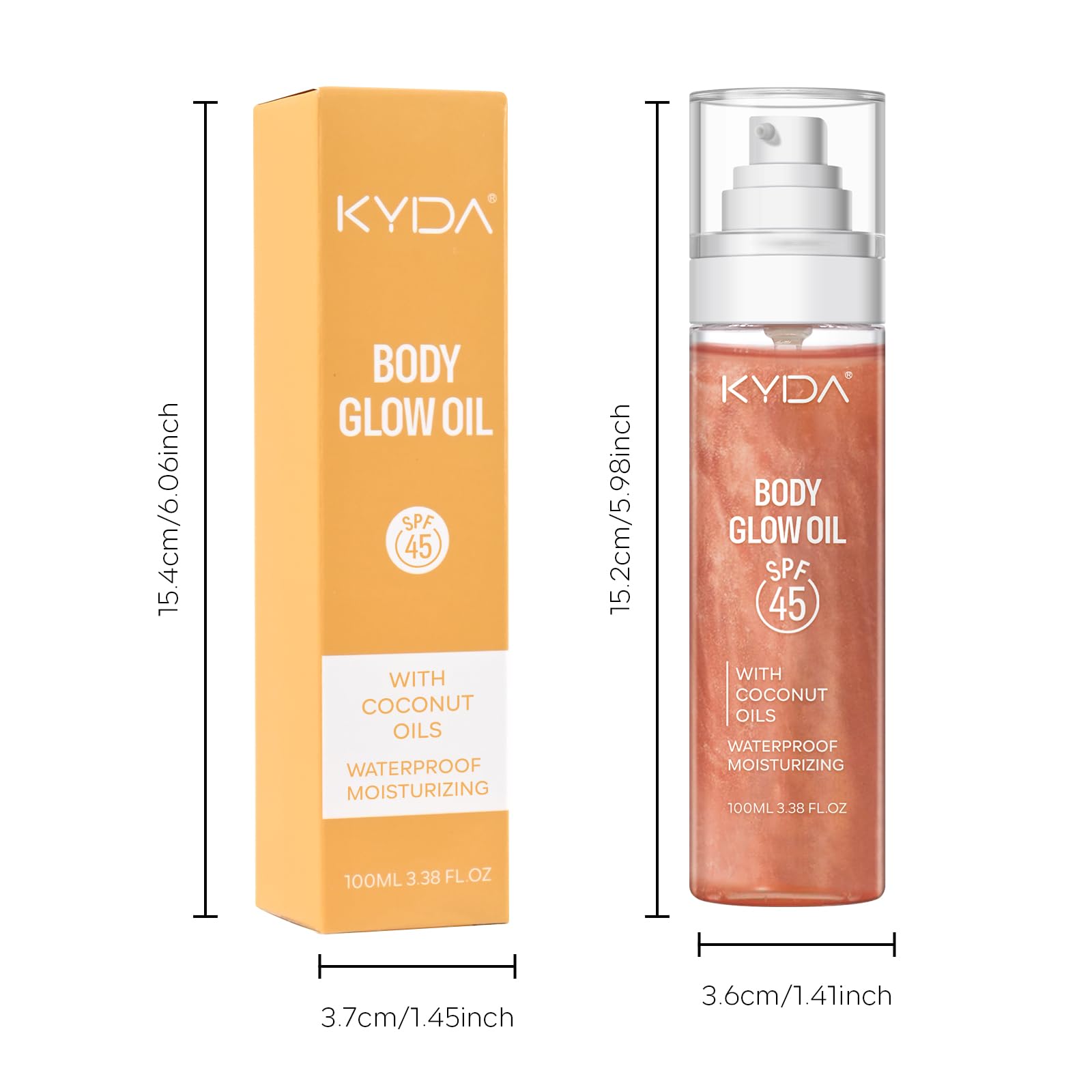 Aceite corporal brillante, SPF 45 de amplio espectro, aceite corporal protector solar con mica oro rosa, cocos hidratantes, protector solar de verano, hidratante resistente al agua, 3.38 onzas 8