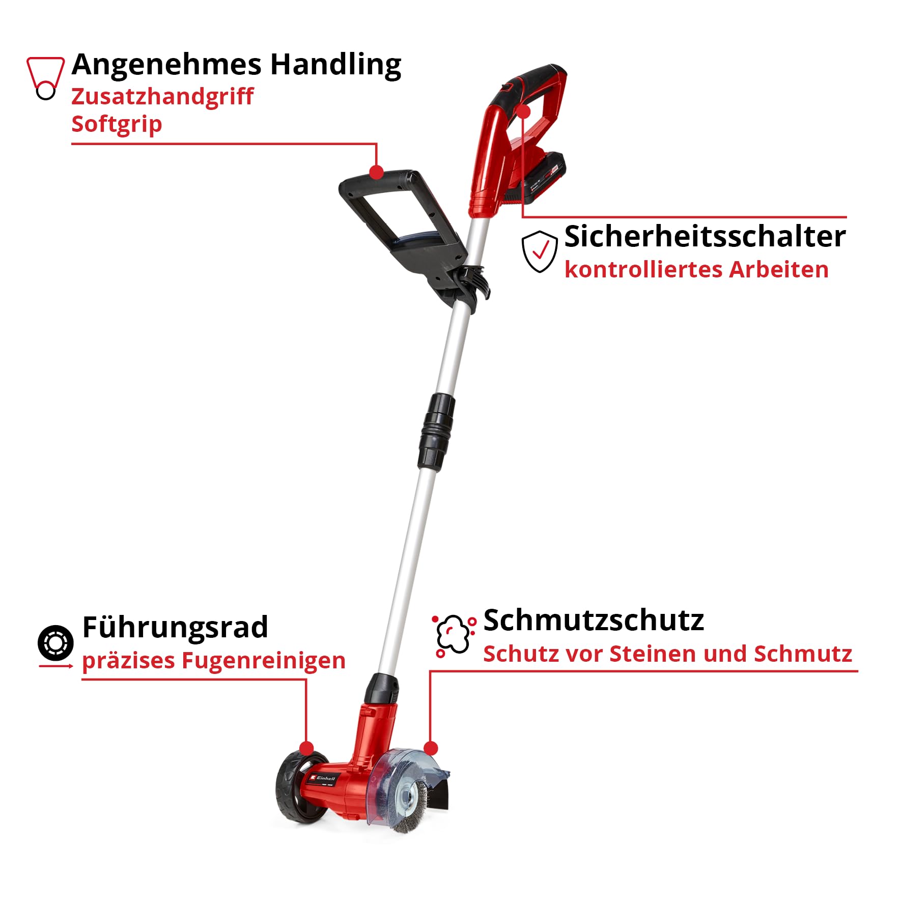 Einhell Akku-Fugenreiniger GC-CC 18 Li Kit Power X-Change (18 V, wechselbare Fugenbürsten aus Nylon & Stahldraht, Teleskop-Führungsholm, inkl. 1x 2,0 Ah Akku + Ladegerät)