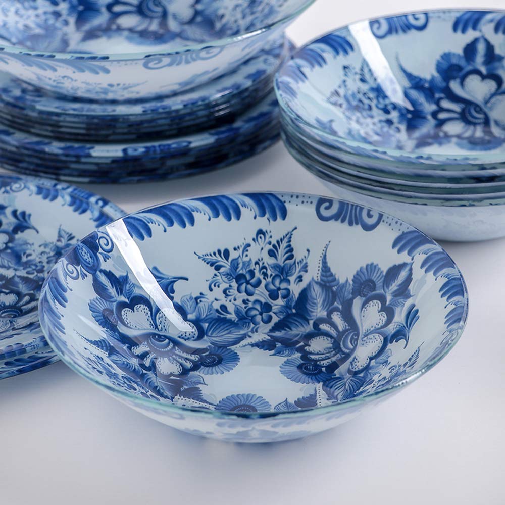 Gschel - Vajilla de 19 piezas de vidrio opal | Vajilla con diseño floral blanco y azul para 6 personas | Resistente a los golpes y microondas